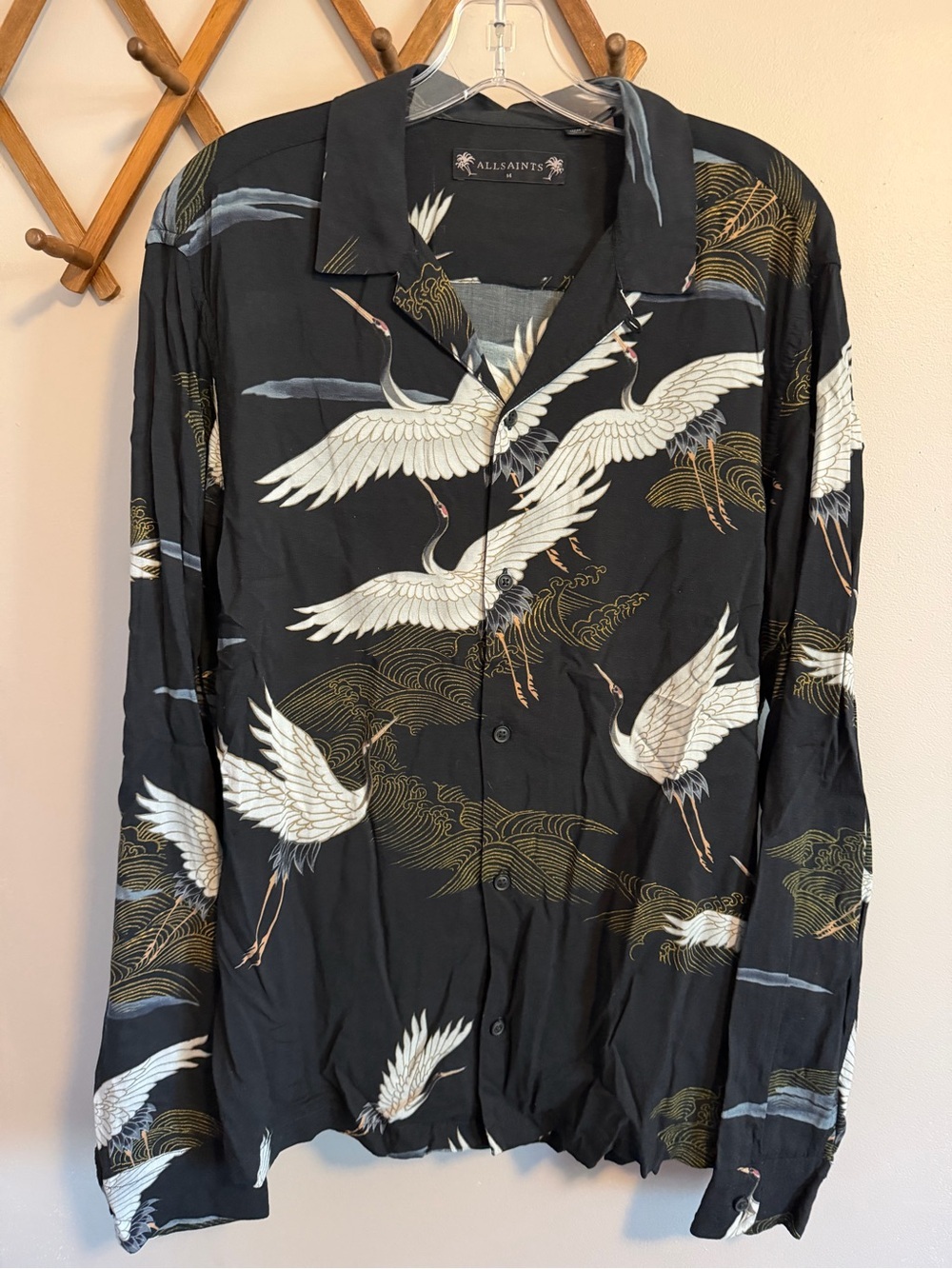 AllSaints Yonder Long Sleeve Crane Print Button Up Black Size M